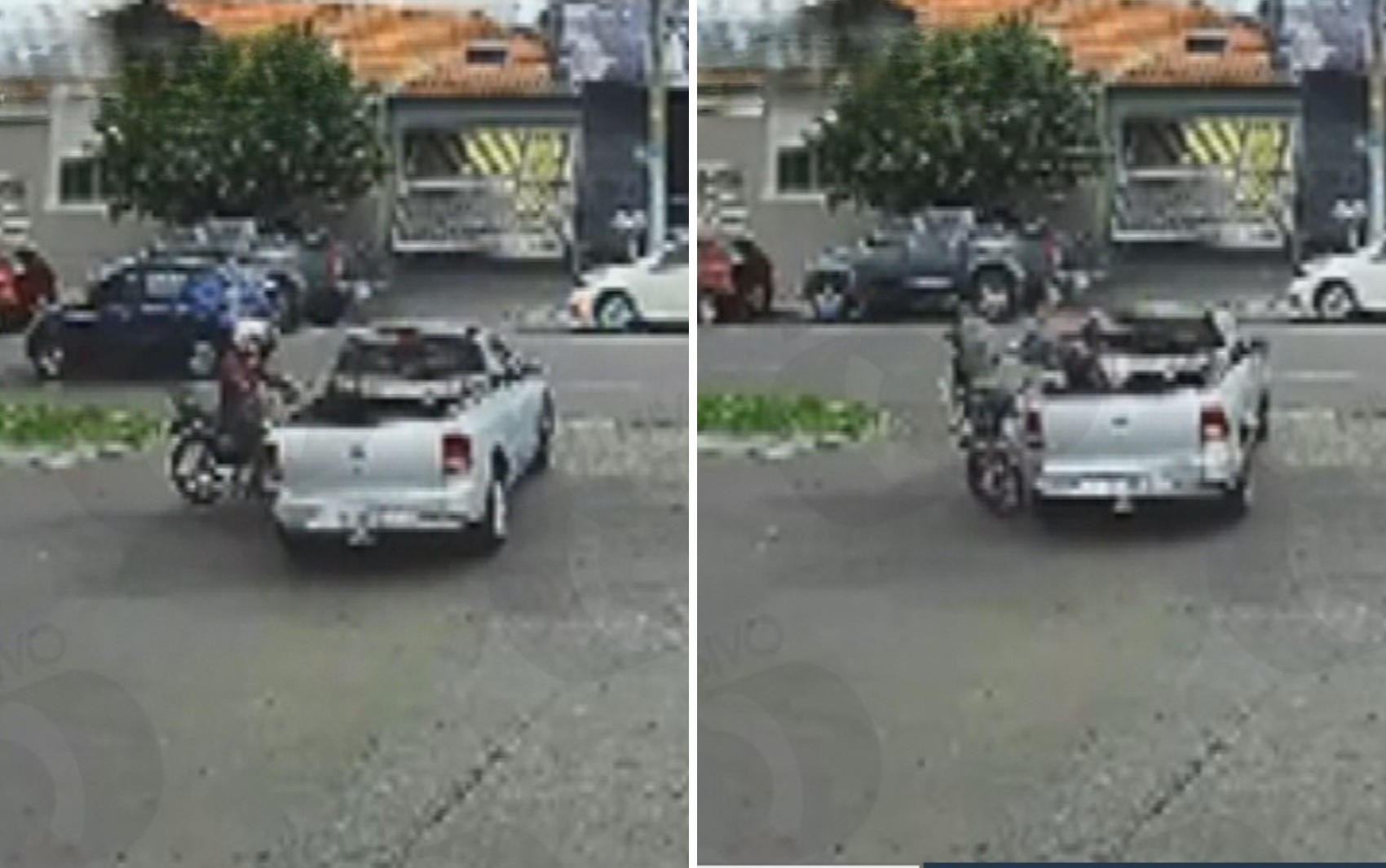 Motociclista cai dentro da carroceria de picape após acidente em avenida; vídeo