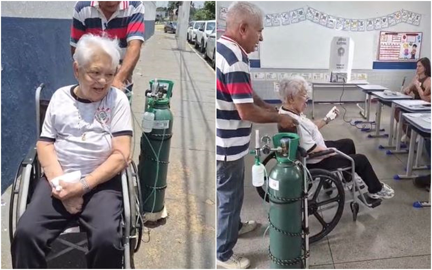 Bisavó de 83 anos faz questão de votar mesmo após balão de oxigênio apresentar problema durante trajeto até seção eleitoral; vídeo