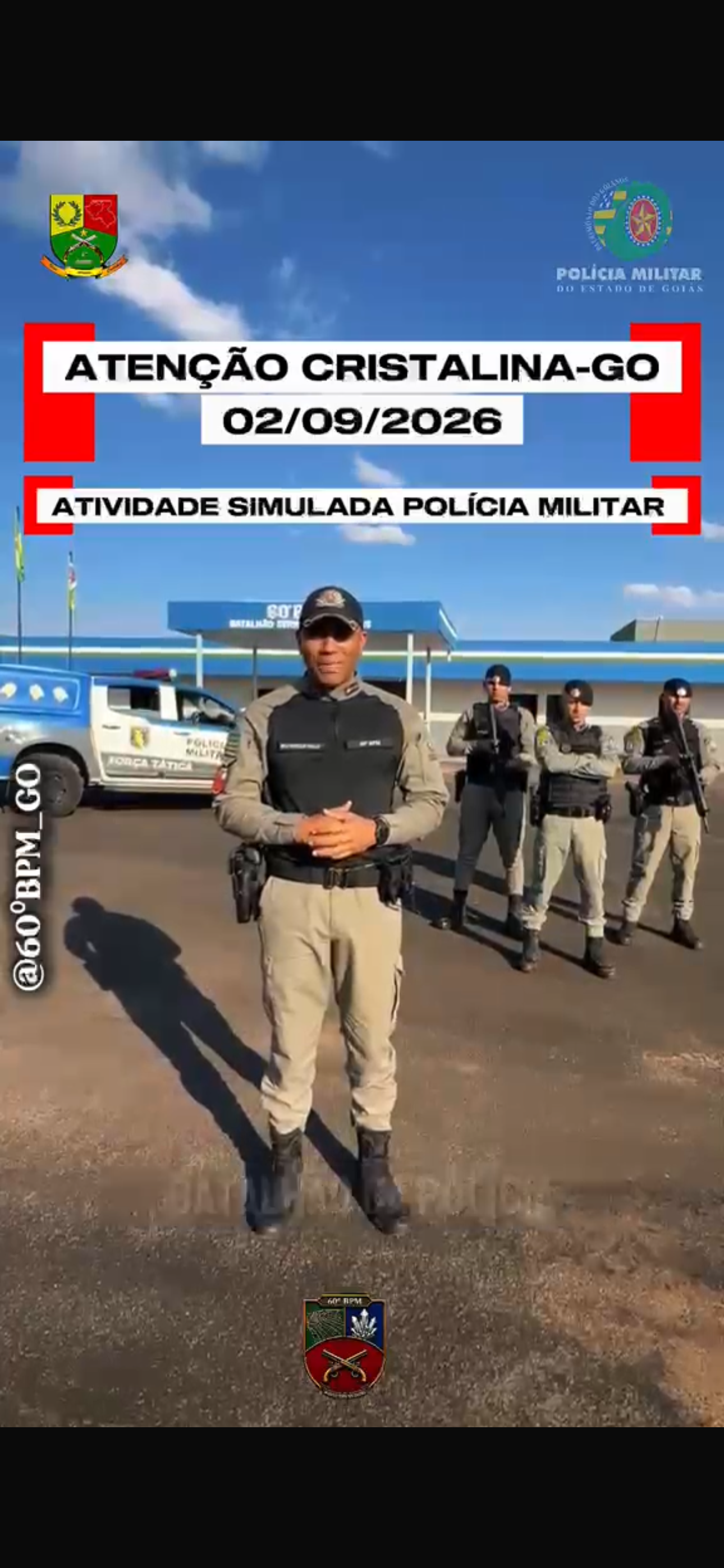Polícia Militar de Cristalina efetuará um treinamento na quarta feira dia 2 de setembro