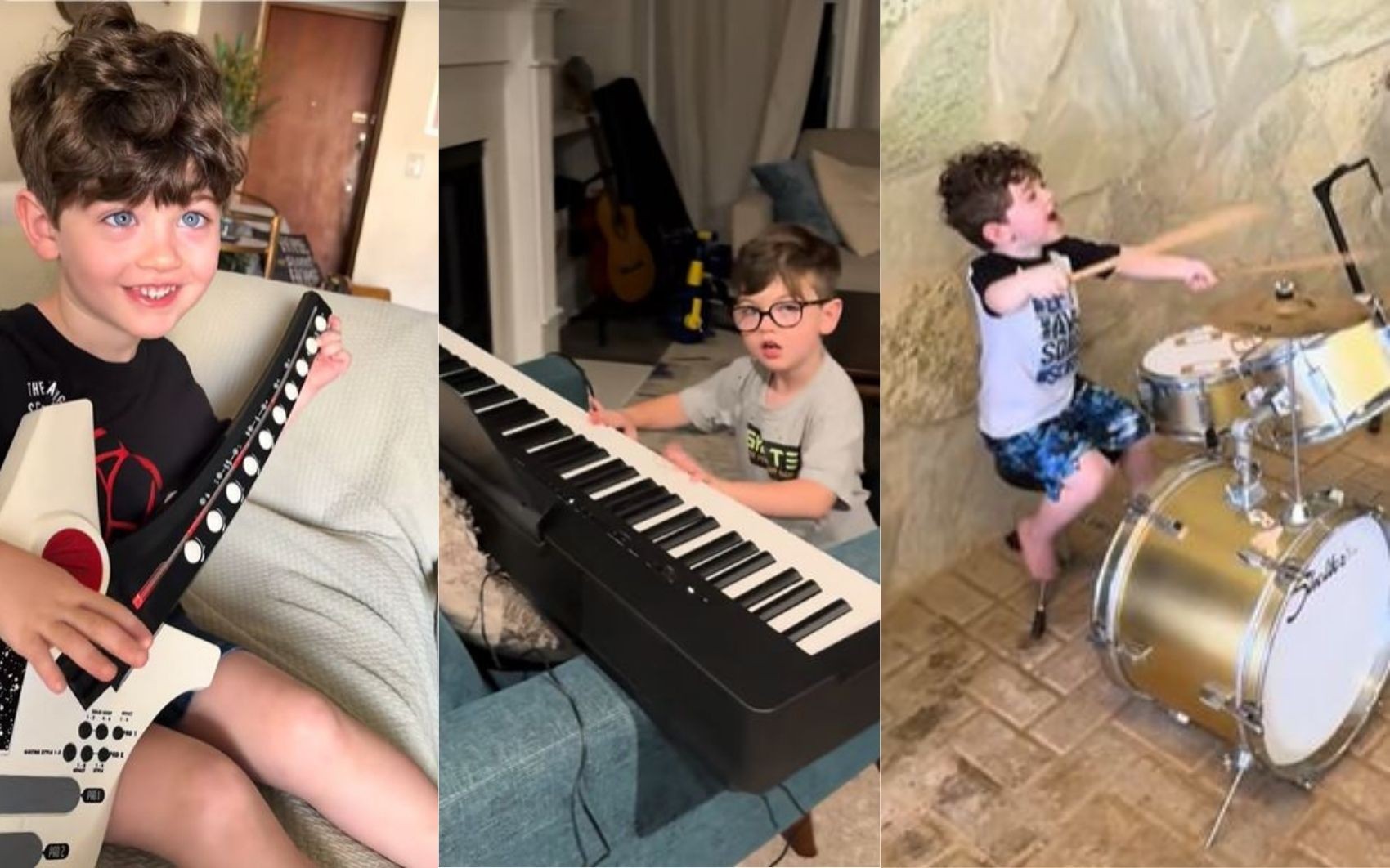 Menino de 3 anos que fez sucesso cantando em casamento toca guitarra, bateria e até saxofone, diz mãe