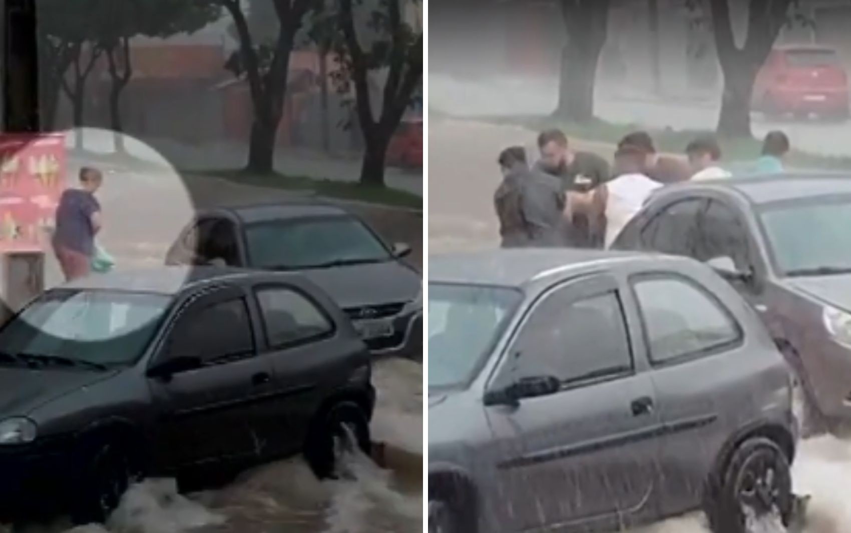 Mulher é arrastada por enxurrada e fica presa embaixo de carro; vídeo