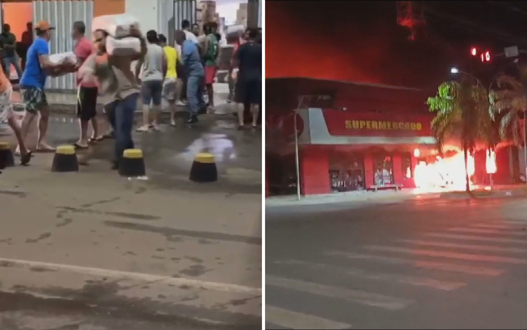 Moradores formam uma corrente para salvar mercadorias de supermercado destruído por incêndio; vídeo