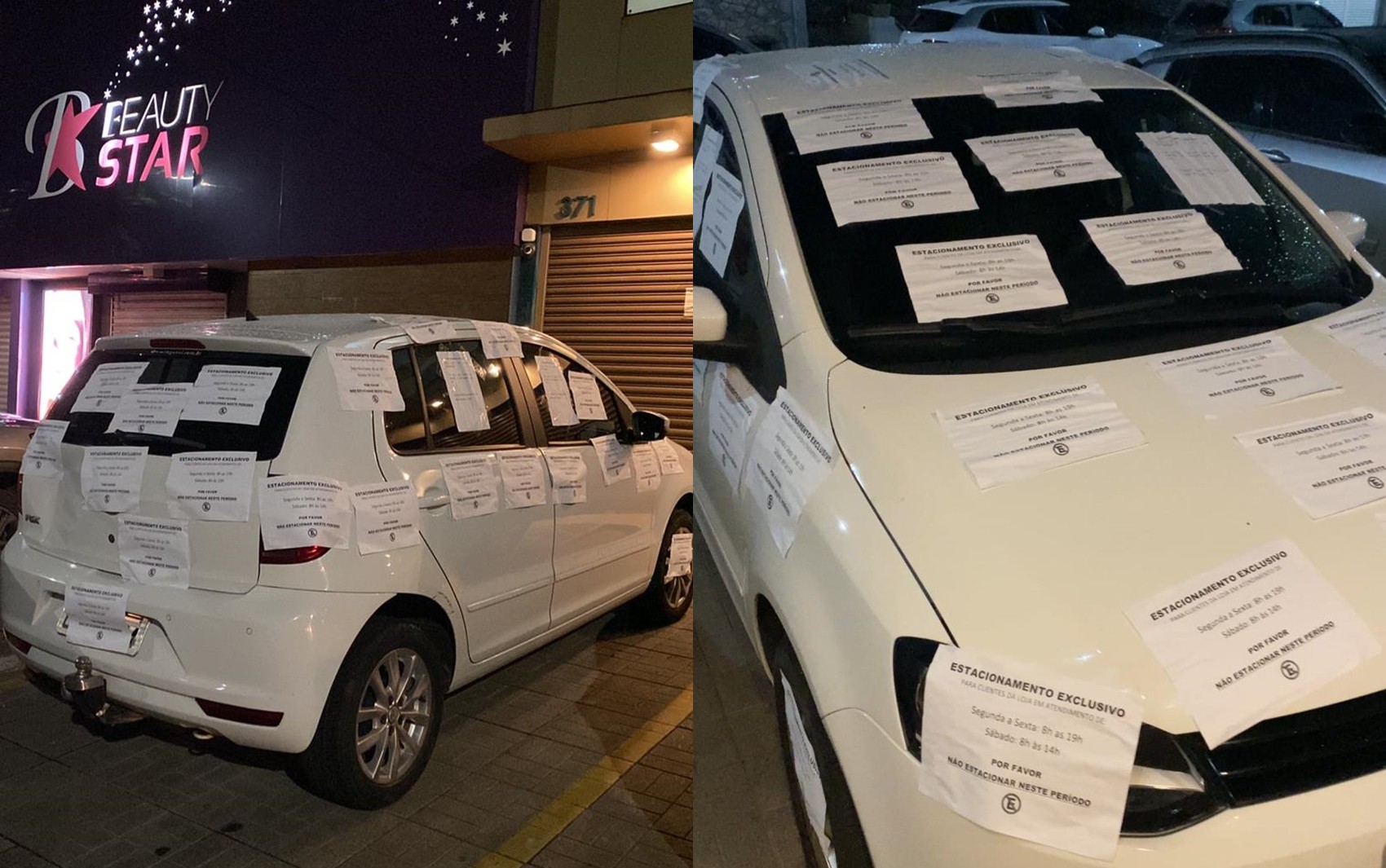 Carro de motorista que estacionou em vaga exclusiva de loja foi coberto com cerca de 50 folhas grudadas com fita adesiva