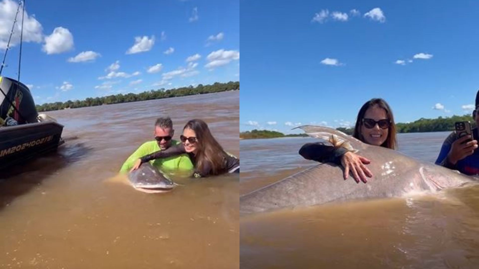 Casal de dentistas pesca peixe gigante de 2,24 metros que não pode ser consumido no Rio Araguaia