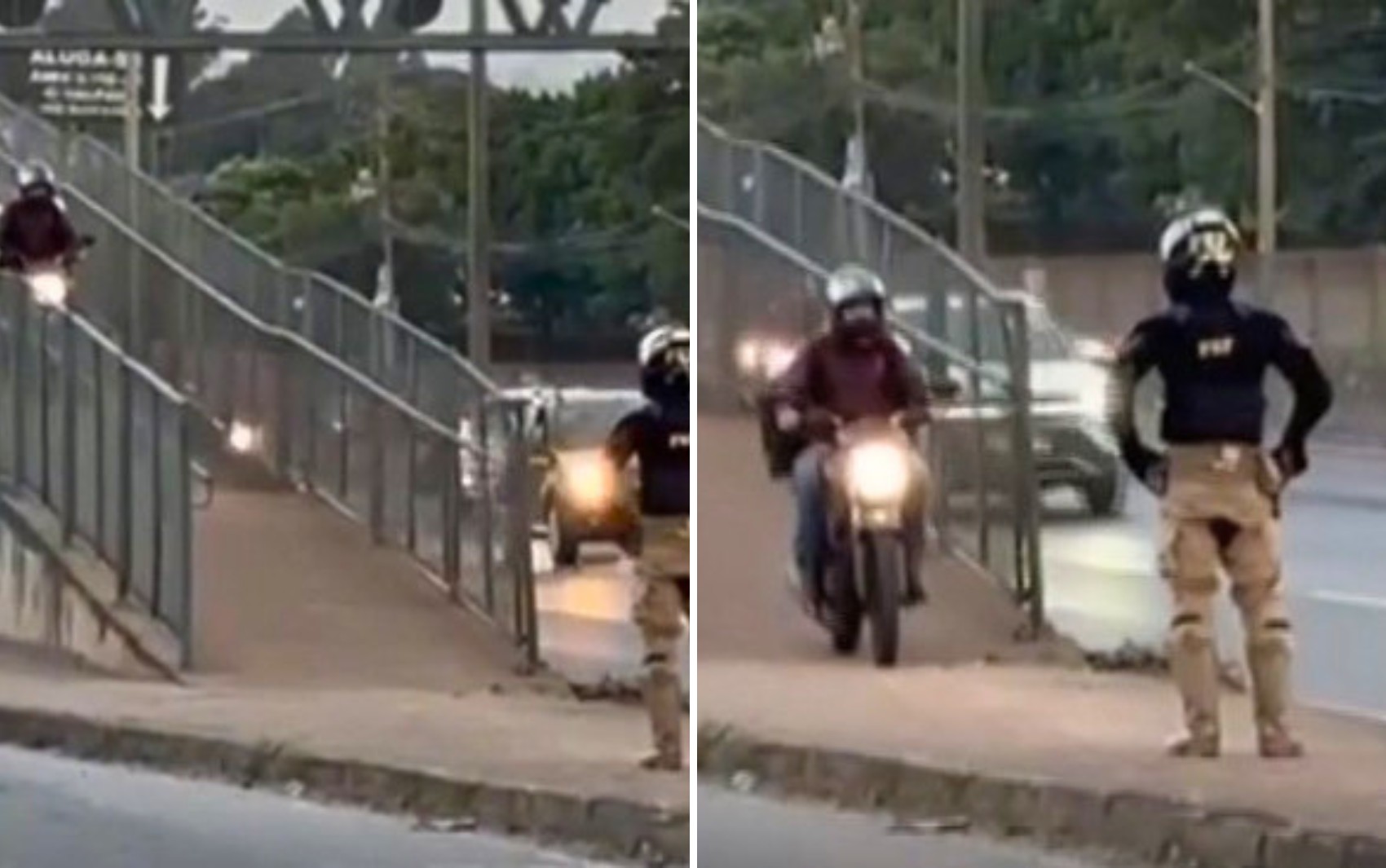 Motociclista passa por passarela de pedestres e dá de cara com policial; vídeo
