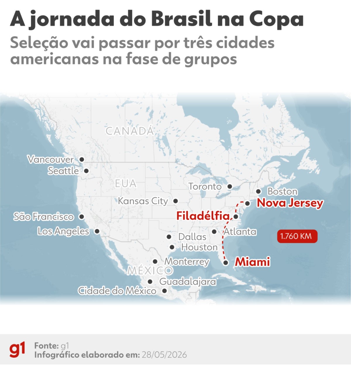 Brasil viajará mais de 1.700 km na fase de grupos da Copa; veja MAPA com o trajeto