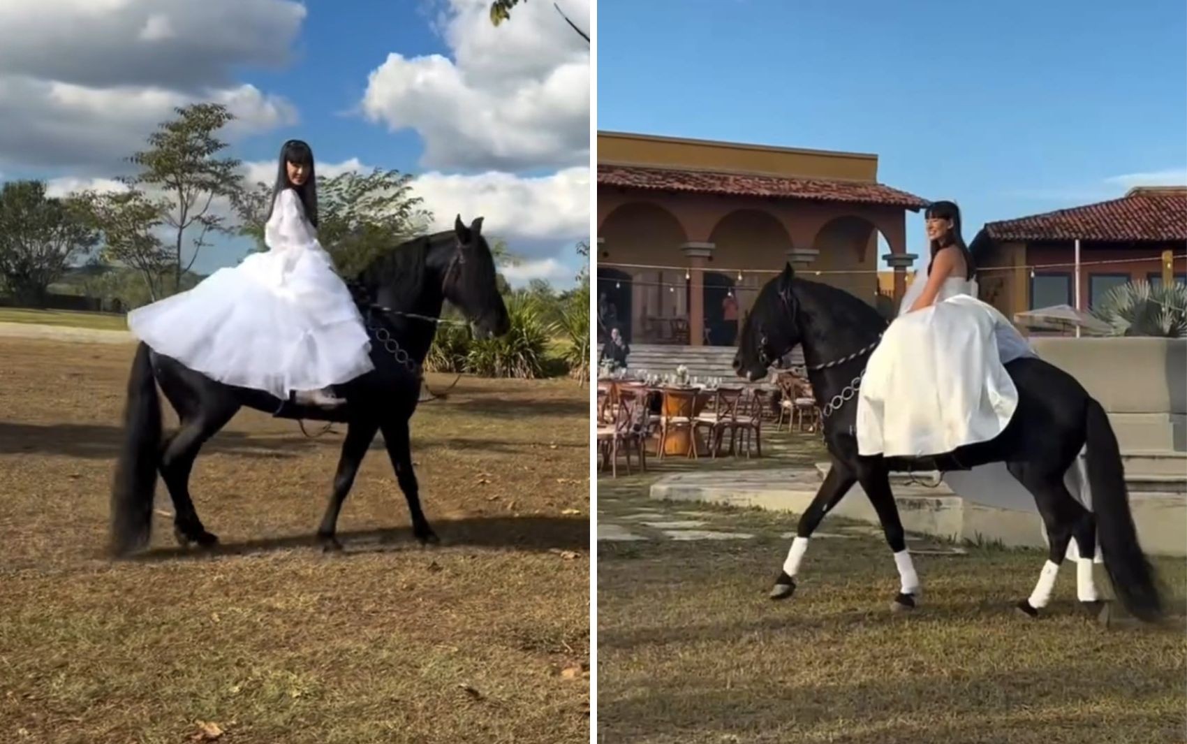 Noiva chega a cavalo a casamento 'agro' e chama a atenção dos convidados; vídeo