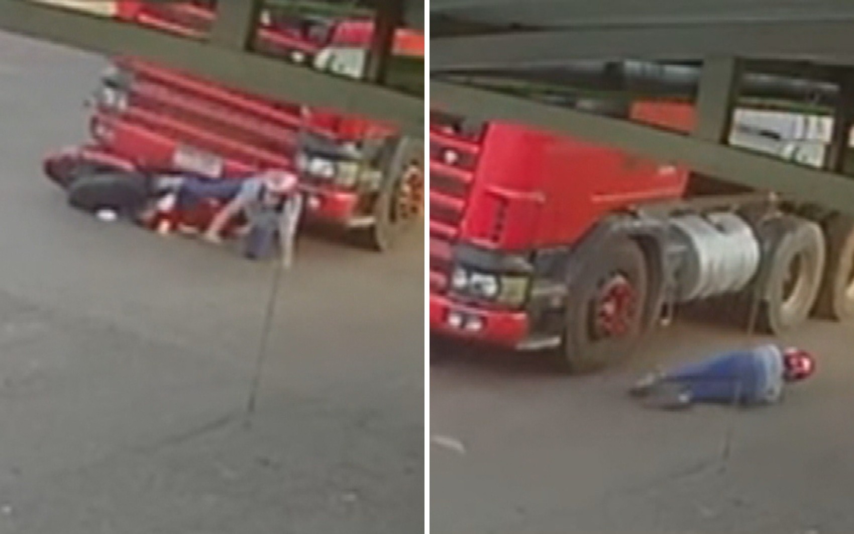 Jovem é atingida por carreta e escapa ilesa de atropelamento; vídeo impressionante