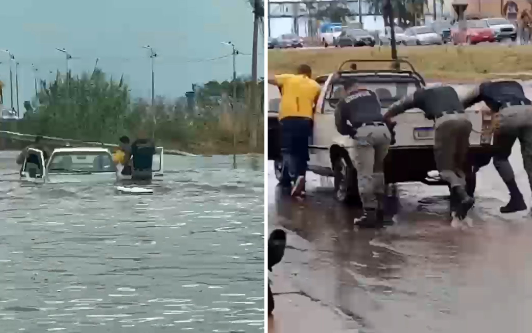 VÍDEO: Policiais entram em enchente para resgatar casal ilhado dentro de carro em Goiás